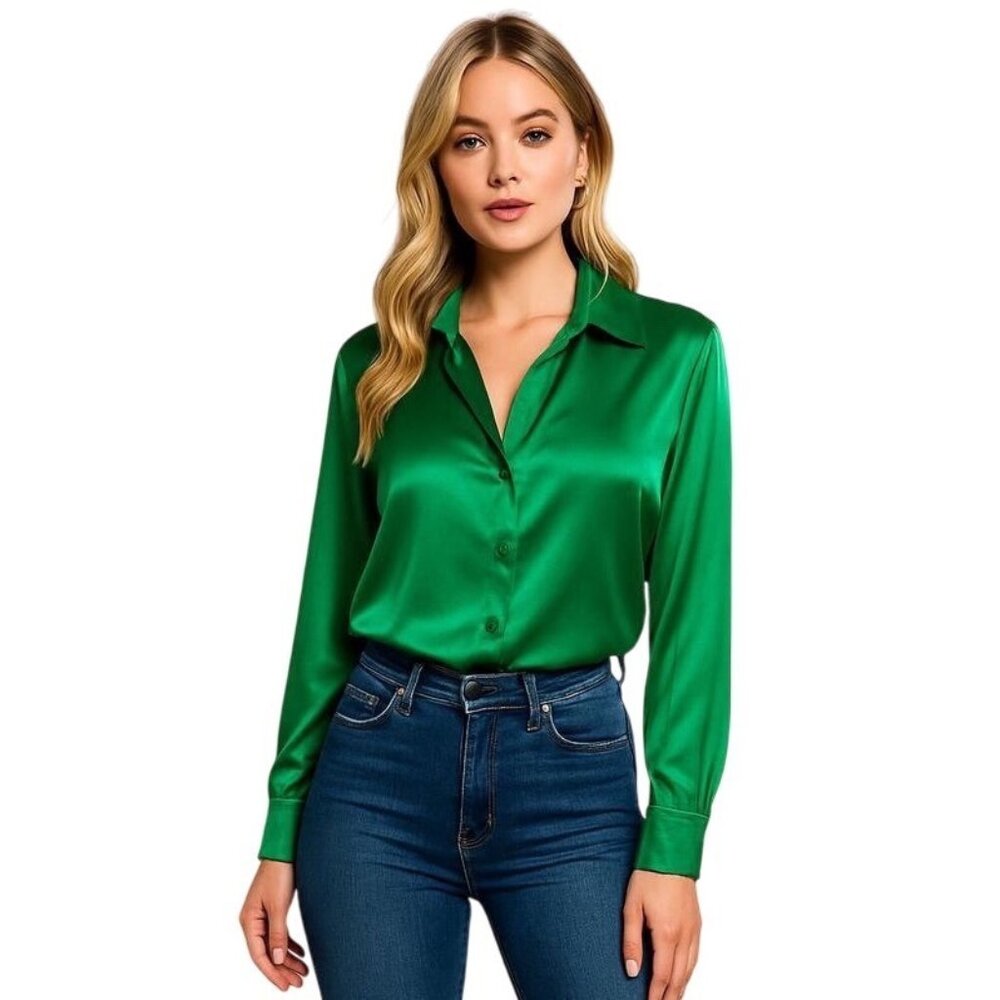 Women’s Green Satin Blouse Long Sleeve  Party Formal Button-Up Size 18 Date